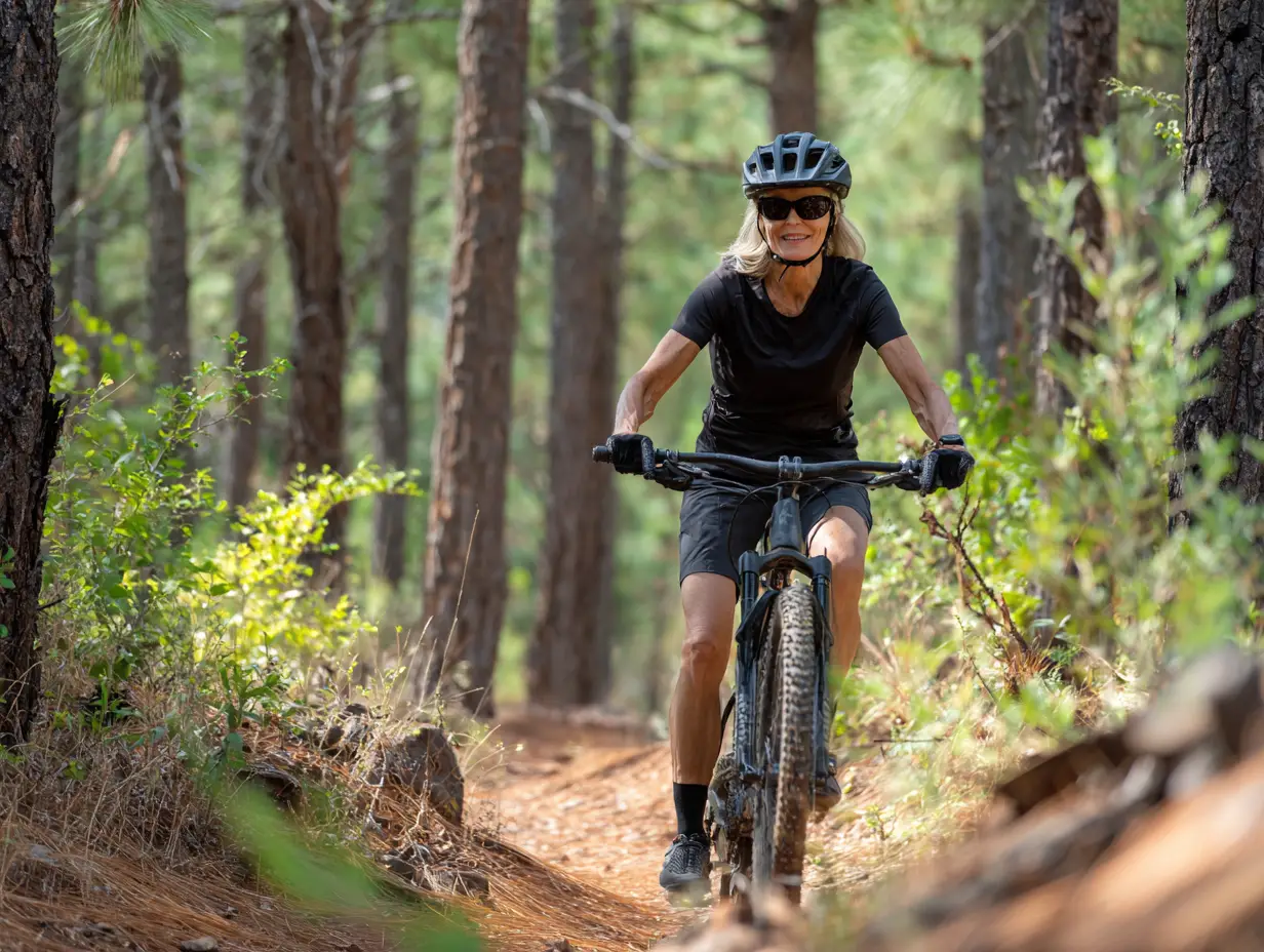 Woman biking on a wooded trail in northern Wisconsin, representing returning to an active, pain free lifestyle